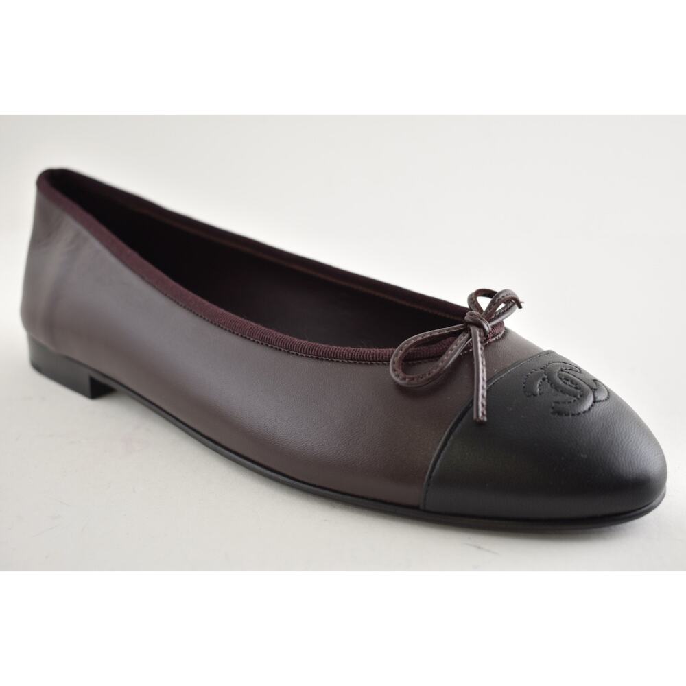 Chanel 26K Chocolate Dark Brown Black Lambskin CC Cap Ballet Ballerina Flat 37.5 - Picture 6 of 16